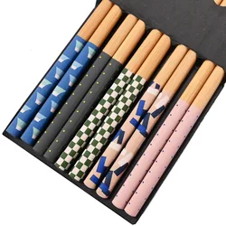 Reusable Handmade Bamboo Chopsticks - Set of 5 Pairs with Multi-Color Cat and Flower Design (5Pairs Pink Black)