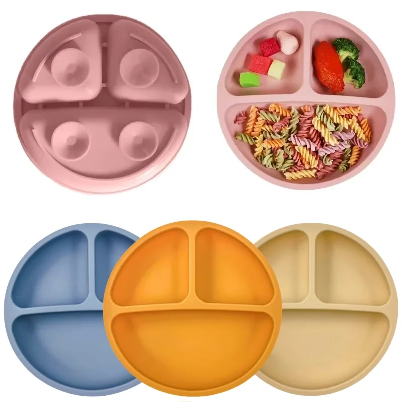 Silicone dining plate silicone meal set silicone feeding set silicone feeding bowl baby tableware set Baby Silicone Plate 4 Suction Cups Toddler Feeding Plate Smile Face Sucker Bowl Children Dishes Kids Training Tableware