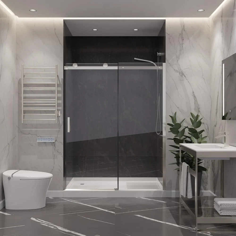 76" x 48" Frameless Shower Door in Brushed Nickel, Rhodes Water Repellent Glass Shower Door 2