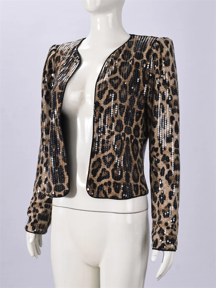 Wmstar Tailored Coat Women's Clothing Wholesale Leopard Print Sequined Personalized Outdoor Long Sleeve Suit Jacket Dropshopping