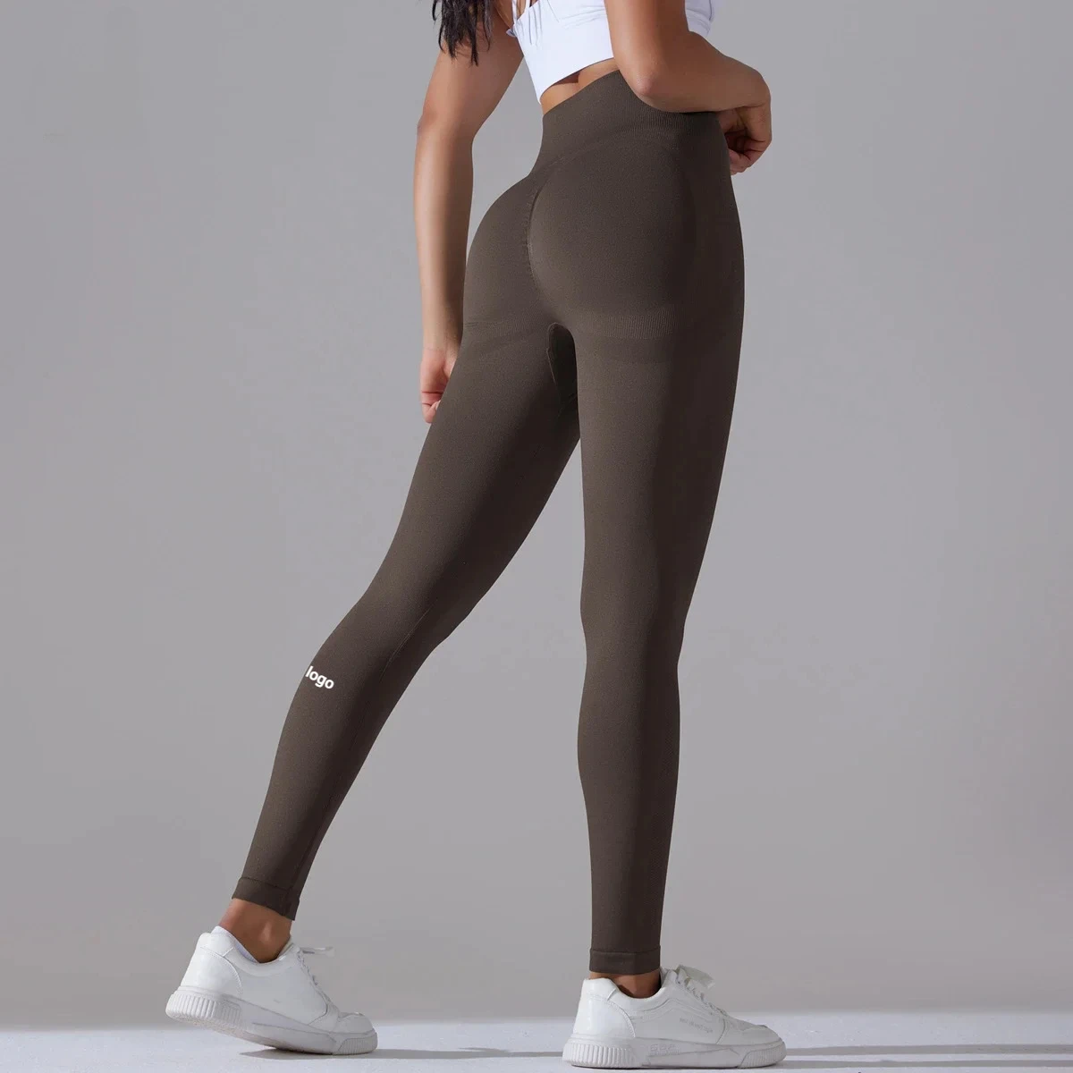 LO Solid Colored Smiling Face Sexy High Waisted Yoga Pants Brown Women's Sports Running Leggings Sports Fitness Pants Knitted