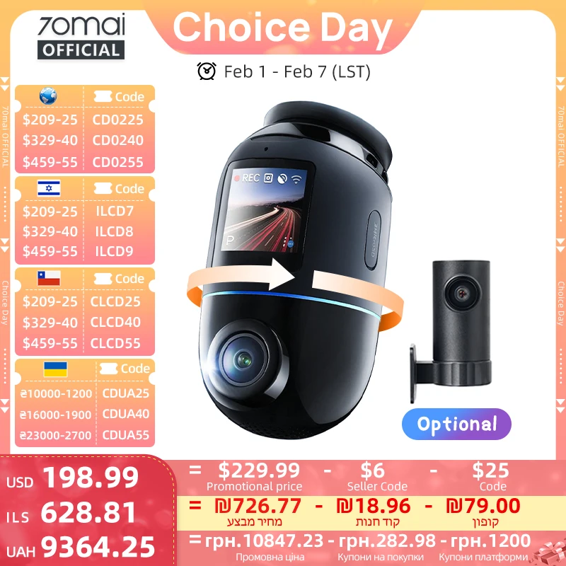 Global Version 70mai Dash Cam 4K Omni X800 360° Rotating Dual