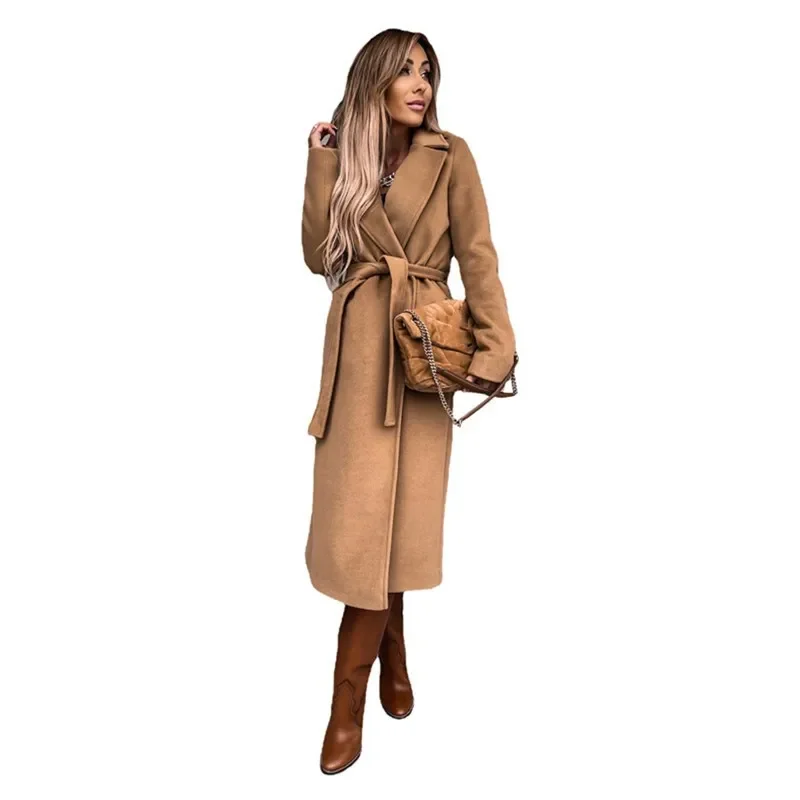 Fashion High Waist Cardigan Lace-up Women Tweed Coat Solid Color Simple Style Office Everyday Wear Female Long Trench Outerwear