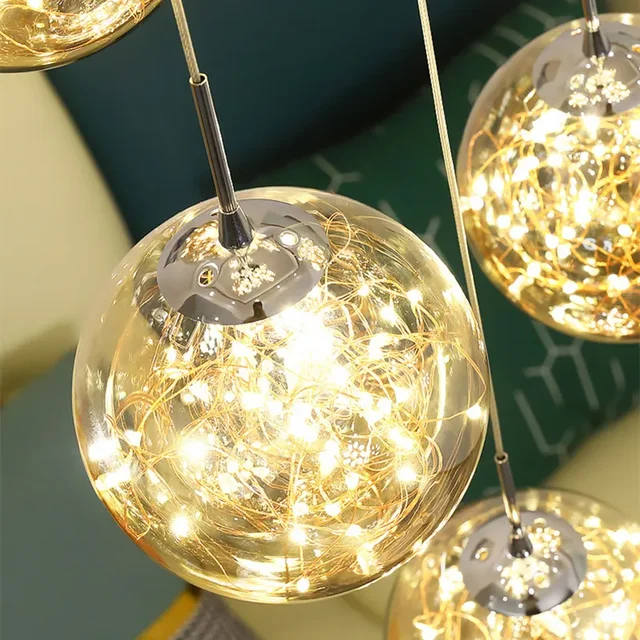 Lámpara de escalera de cielo estrellado, candelabro largo de diseño nórdico, luz de pasillo dúplex, luces colgantes creativas de lujo, salón de apartamento 6