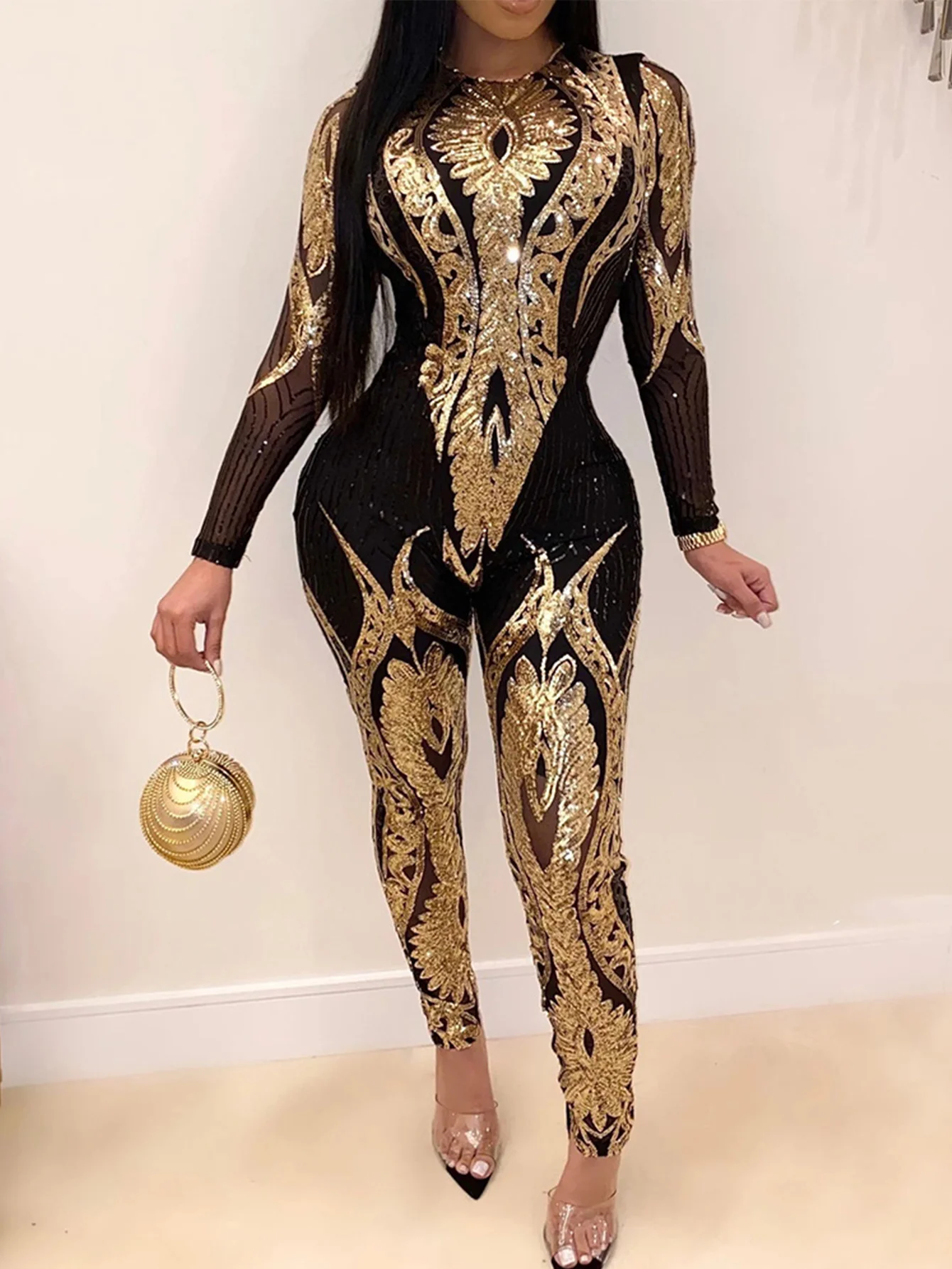 Sexy Long sleeve Sequin bodycon jumpsuit women body bodysuit one piece birthday party nightclub outfits womens jumpsuits overall hlj sexy sequin bodycon party nightclub sling rompers women thin strap sleeveless jumpsuit fashion female slim one piece overall