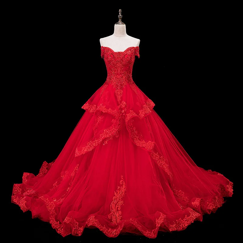 

Wedding Dress 2022 New Bride Wedding Red Off Shoulder Sleeveless Bandage with Large Tail Lace Edge Wedding Dresses