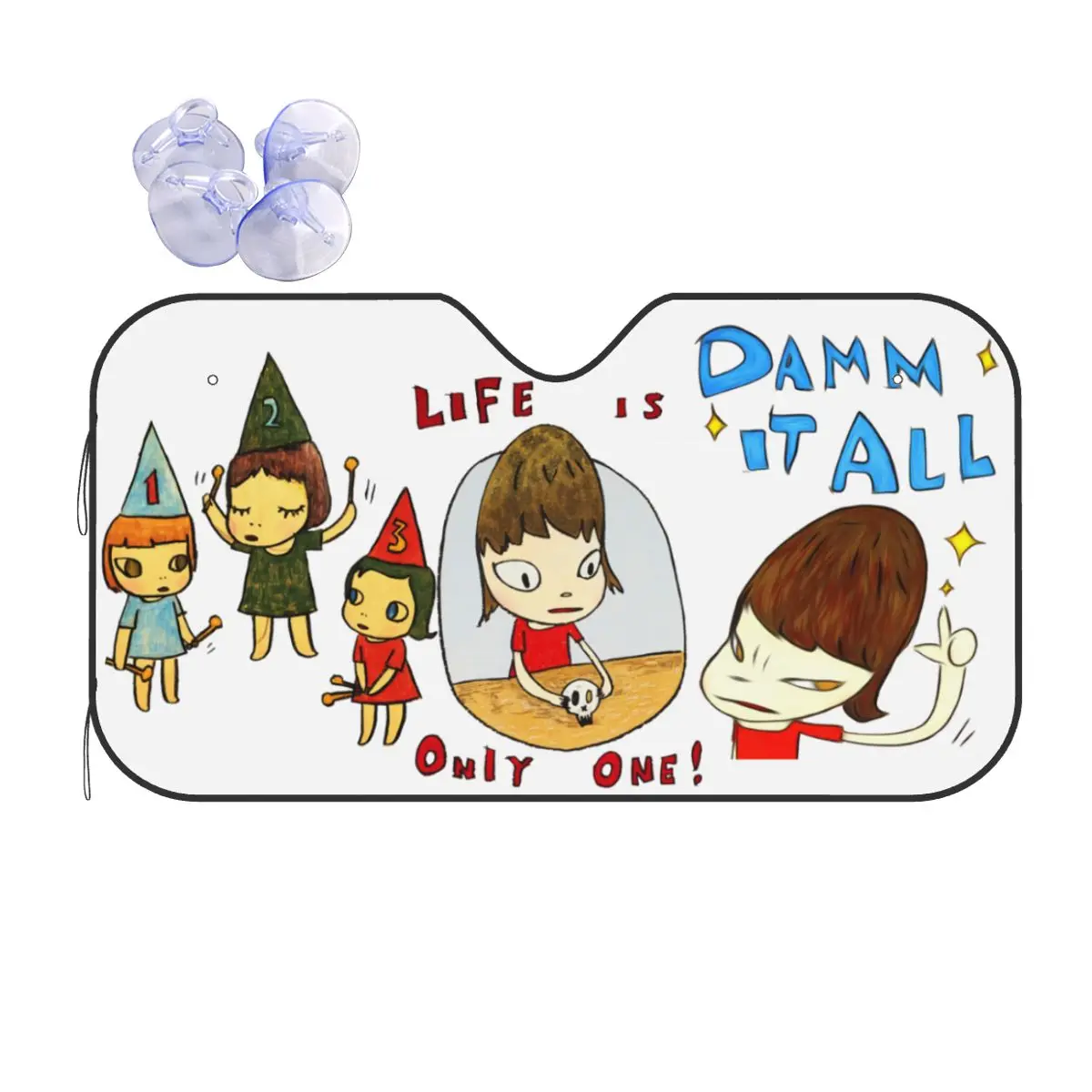 

Yoshitomo Nara Damm It All Universal Windshield Sunshade 76x140cm Aluminium Foil Sunshade Visor Ice Shield Dust Protection