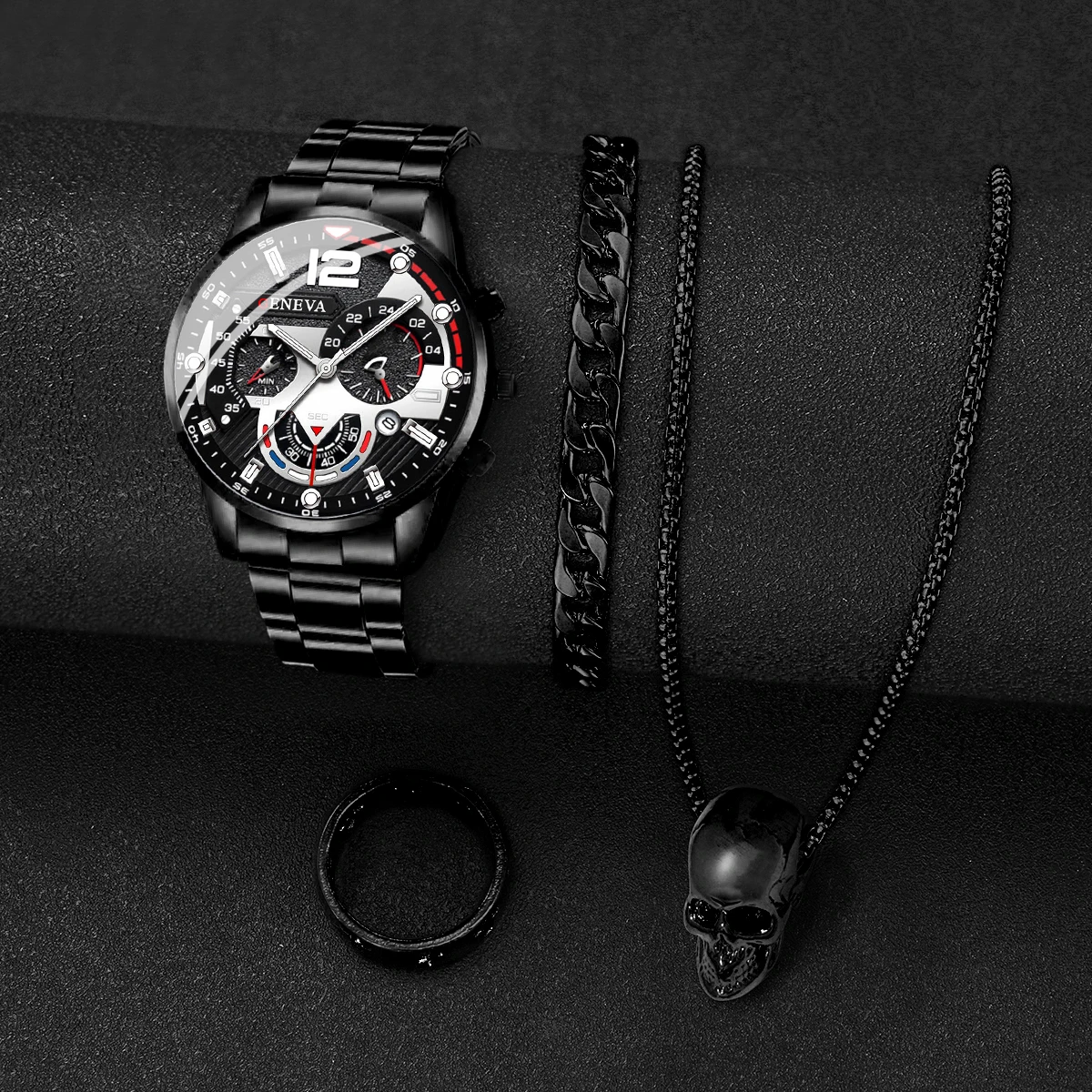 3pcs/set Fashion Men's Watch Set Handsome Hip Hop Style Business Men's Quartz Watch with Bracelet Skull Necklace Set No Box