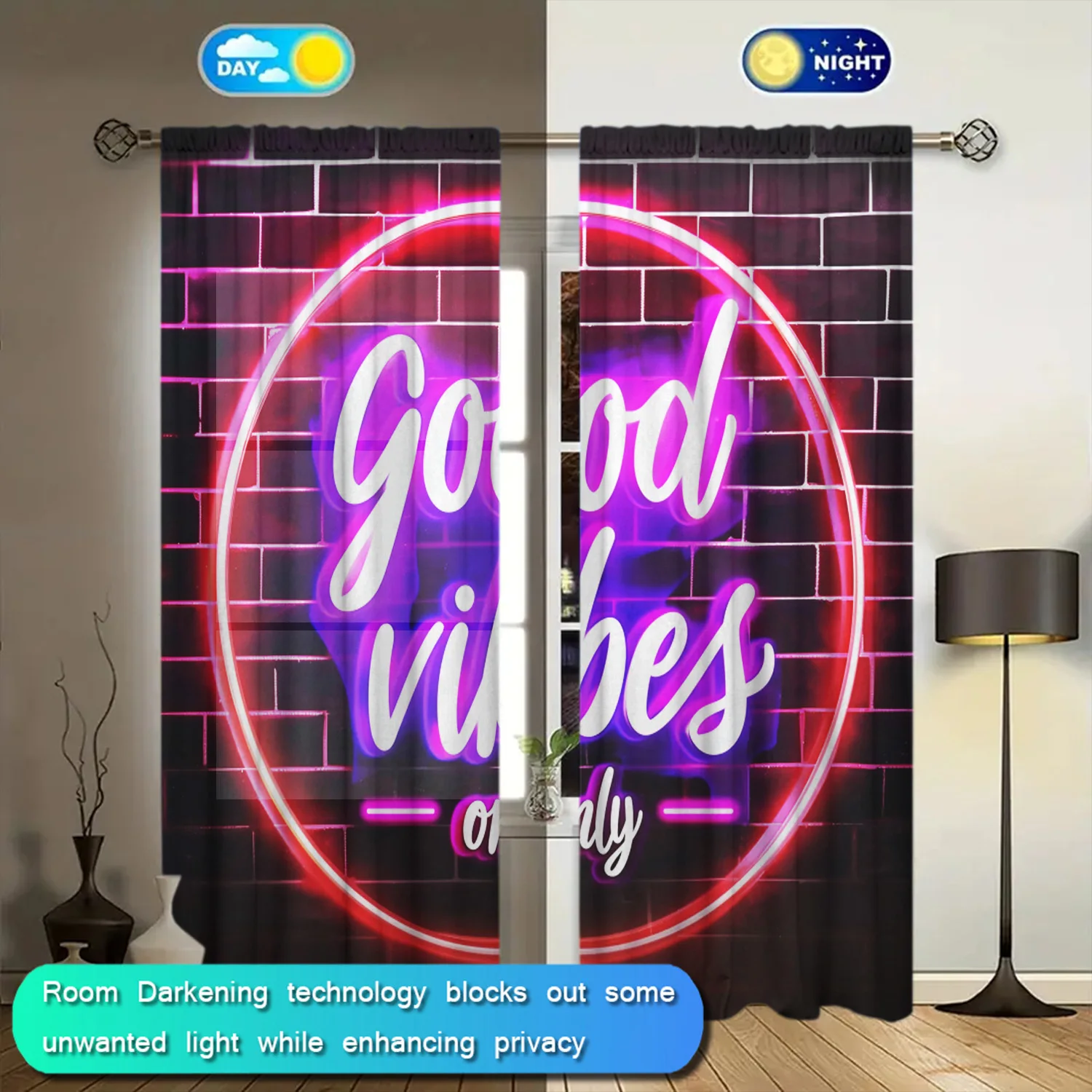 2pcs Good Vibes Only Printed Curtain for Home Decor - Rod Pocket Window Treatment for Bedroom, Office, Kitchen and Living Room 4