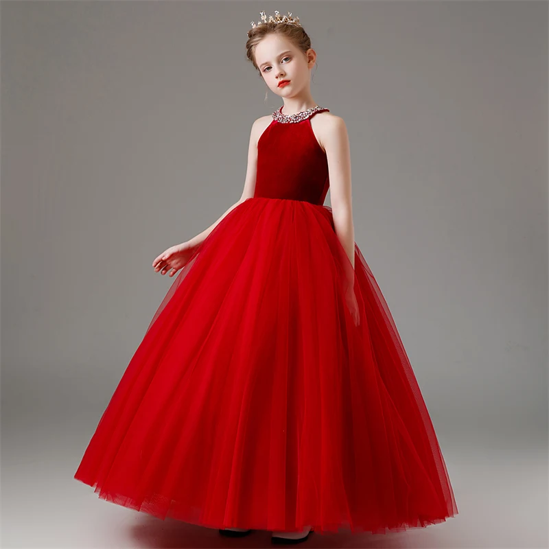 YZYmanualroom Girls red halter net pommel dress Junior Bridesmaid dress Wedding Girls Communion dress/customizable