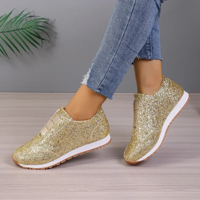 Women's lightweight sports shoes with sequin rhinestone elastic and casual thick soled fish mouth women's singles shoes