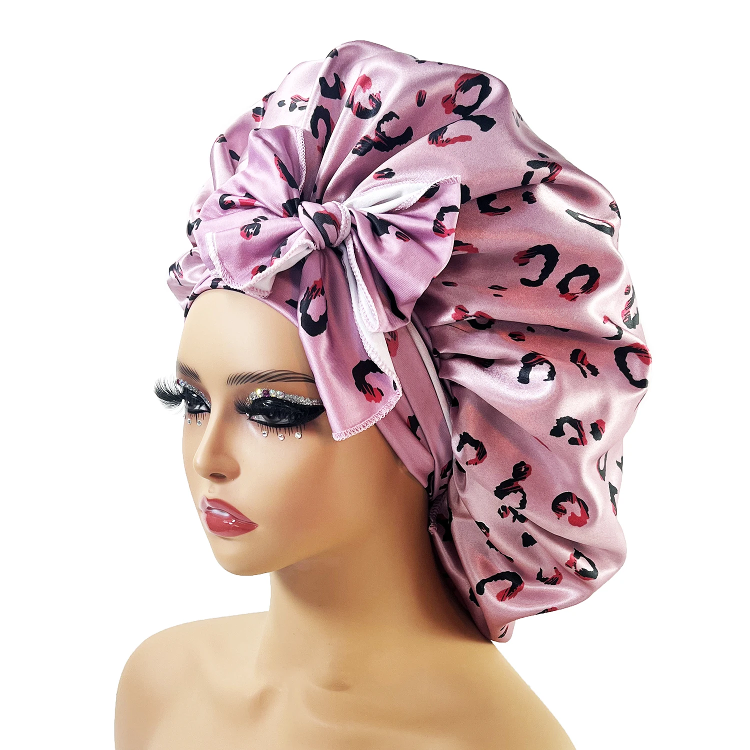 New Large Satin Bonnet Silk Night Sleeping Cap With Head Tie Band Bonnet Edge Wrap For Women Curly Braid Hair 5