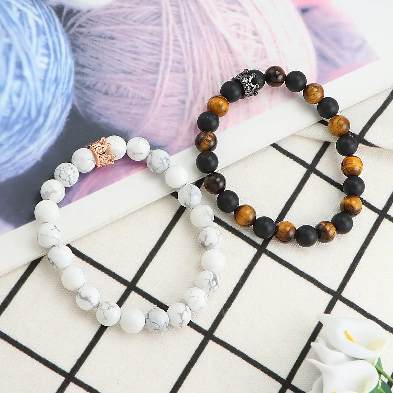 Kirykle 8mm Natural Stone Beaded Jewelry Set for Women Men Tiger Eye Stone Alloy Crown Elastic Bracelet for Couples Jewelry Gift