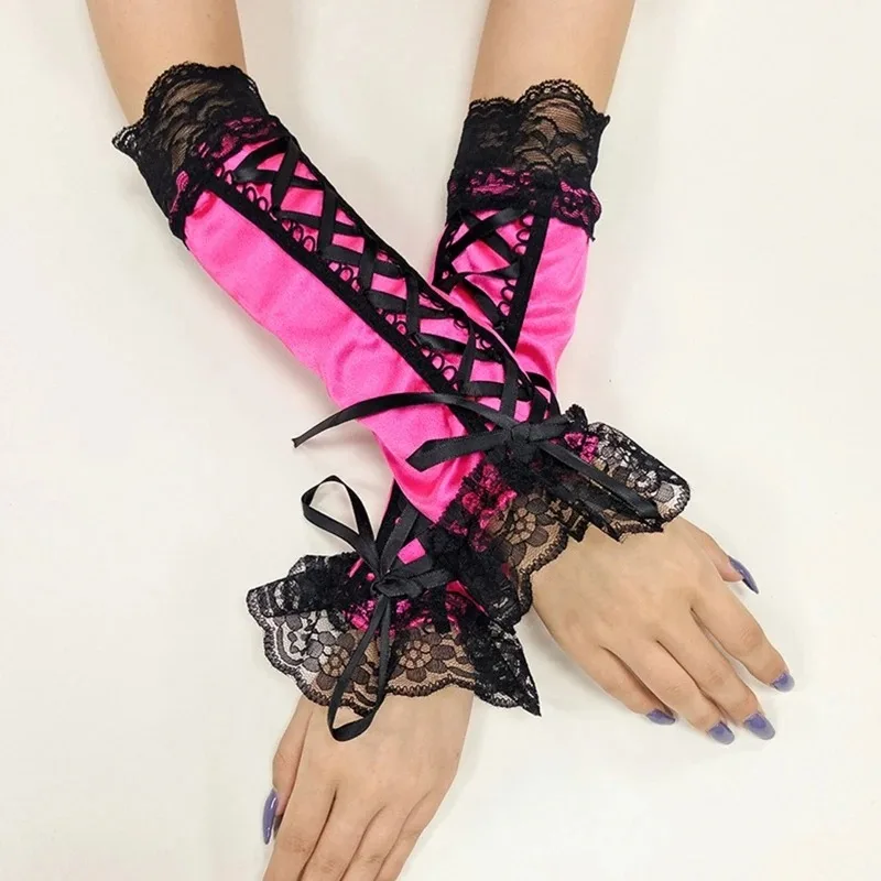 Women Sexy Lace Long Gloves Winter Elbow Length Half-finger Gloves Ribbon Fingerless Fishnet Mesh Etiquette Party Goth Gloves