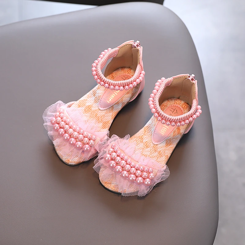 Children Sandals Girl's Lace Pearl Zipper Sweet Luxury Summer Open Toe 21-36 Toddler Fashion Soft Dance Kids Sliders