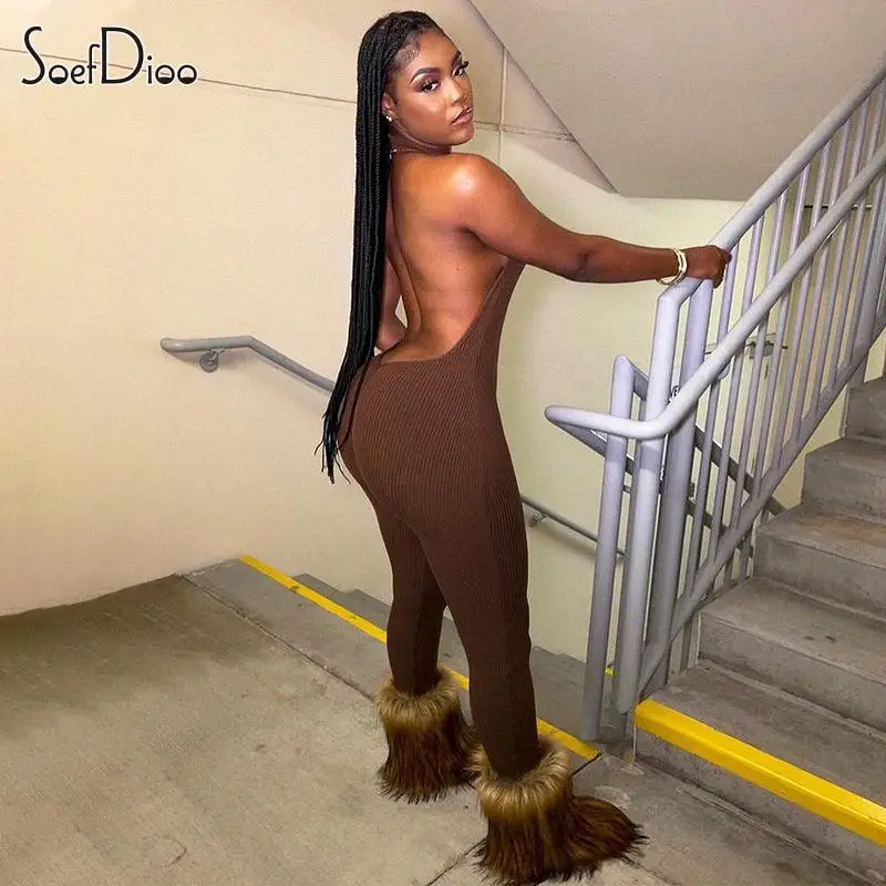 

Soefdioo Knitted Ribbed Sleeveless Zipper Fly Backless Jumpsuits Women 2023 Autumn Streetwear Active One Piece Rompers Overall