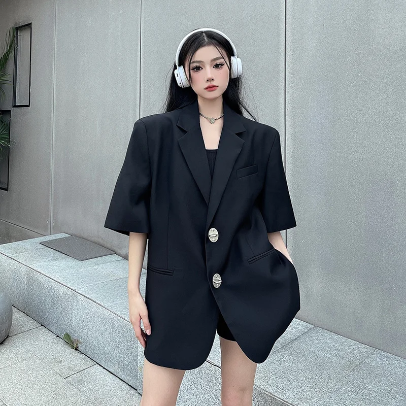 Summer Black Blazers Women Fashion New Streetwear Loose Button Down Short Sleeve Jackets Femme