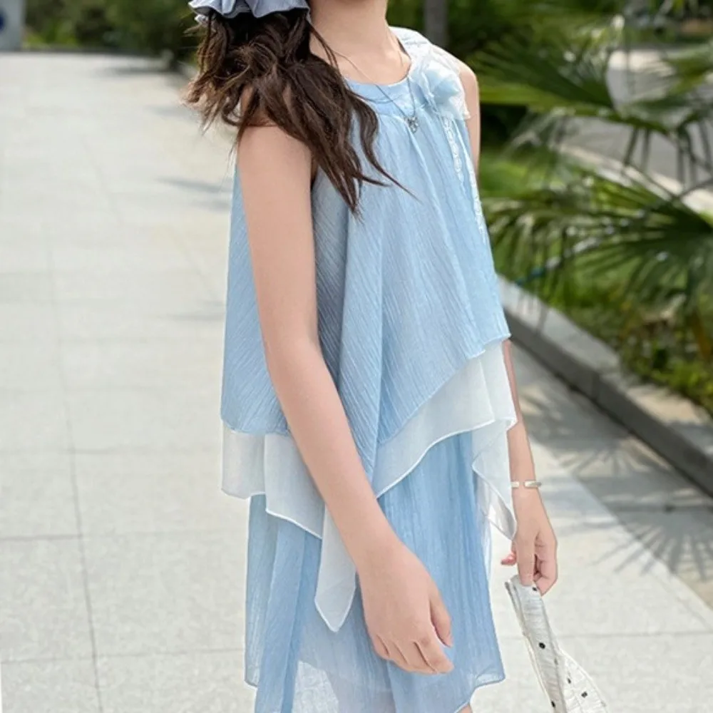 3D Rose Flower Kids Ruffles Shorts Dress Camisole Top Sleeveless Children Beach Dress Inside Shorts Korean Style