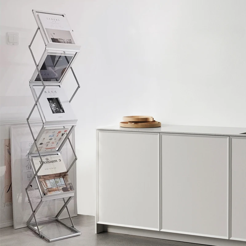A4 Aluminum Foldable Display Stand Vintage Magazine Rack Floor Standing Literature Exhibition Organizer Office Furniture FYMR