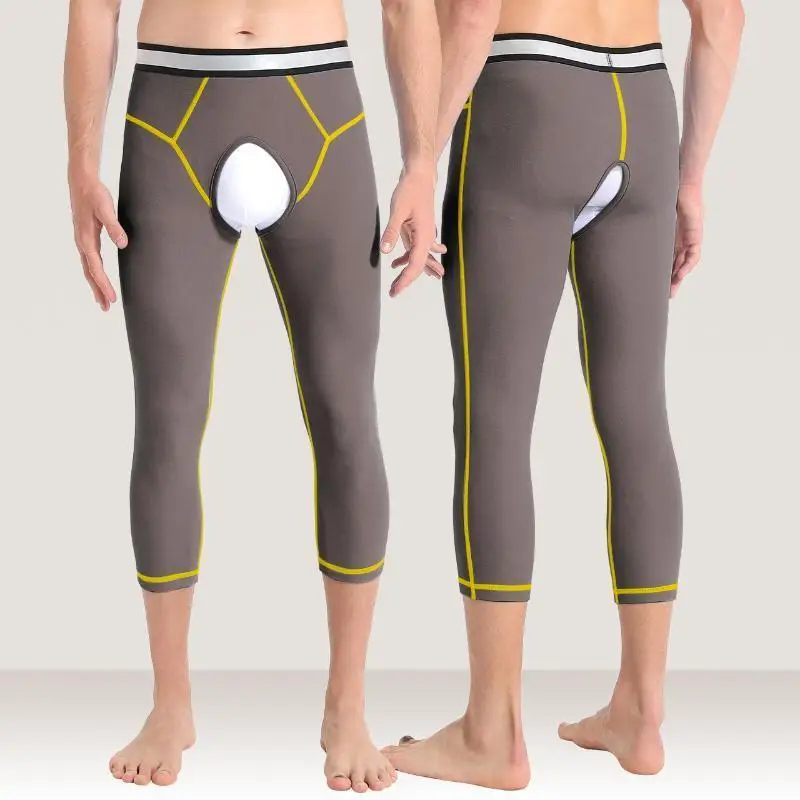 Men's Warm Open Crotch Long Johns Fleece Tight Trend Mid-waist