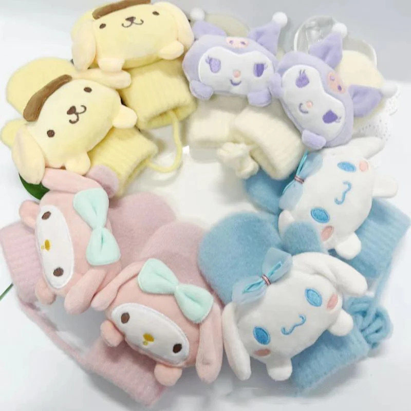 

Kawaii Sanrio Anime Glove Cute My Melody Cinnamoroll Kuromi Cartoon Doll Plush Hangable Neck Knitted Gloves Kids Christmas Gift