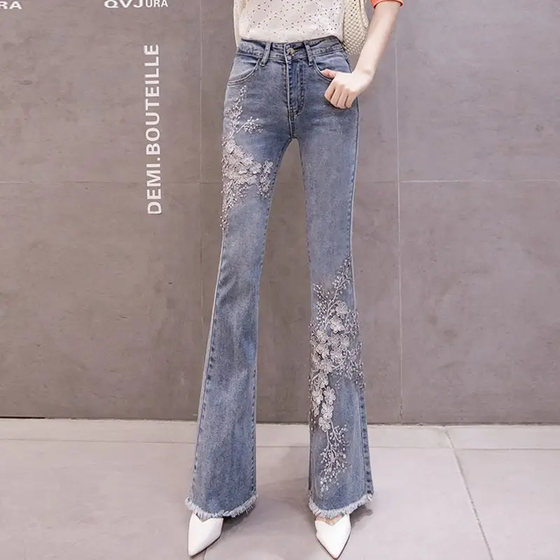 Heavy Industry Embroidery Jeans Female 2023 Spring New High Waist Pant Raw Edge Beaded Slim Pants Flared Jeans Fashion Hole LA88