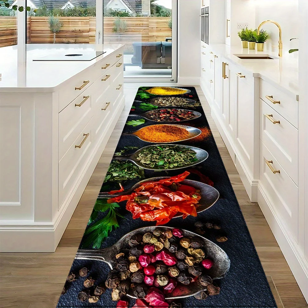 Colorful Spices and Herbs on Spoons Print Kitchen Mat, Non-Slip Washable Durable Runner Rug for Kitchen & Culinary Themed Home 1