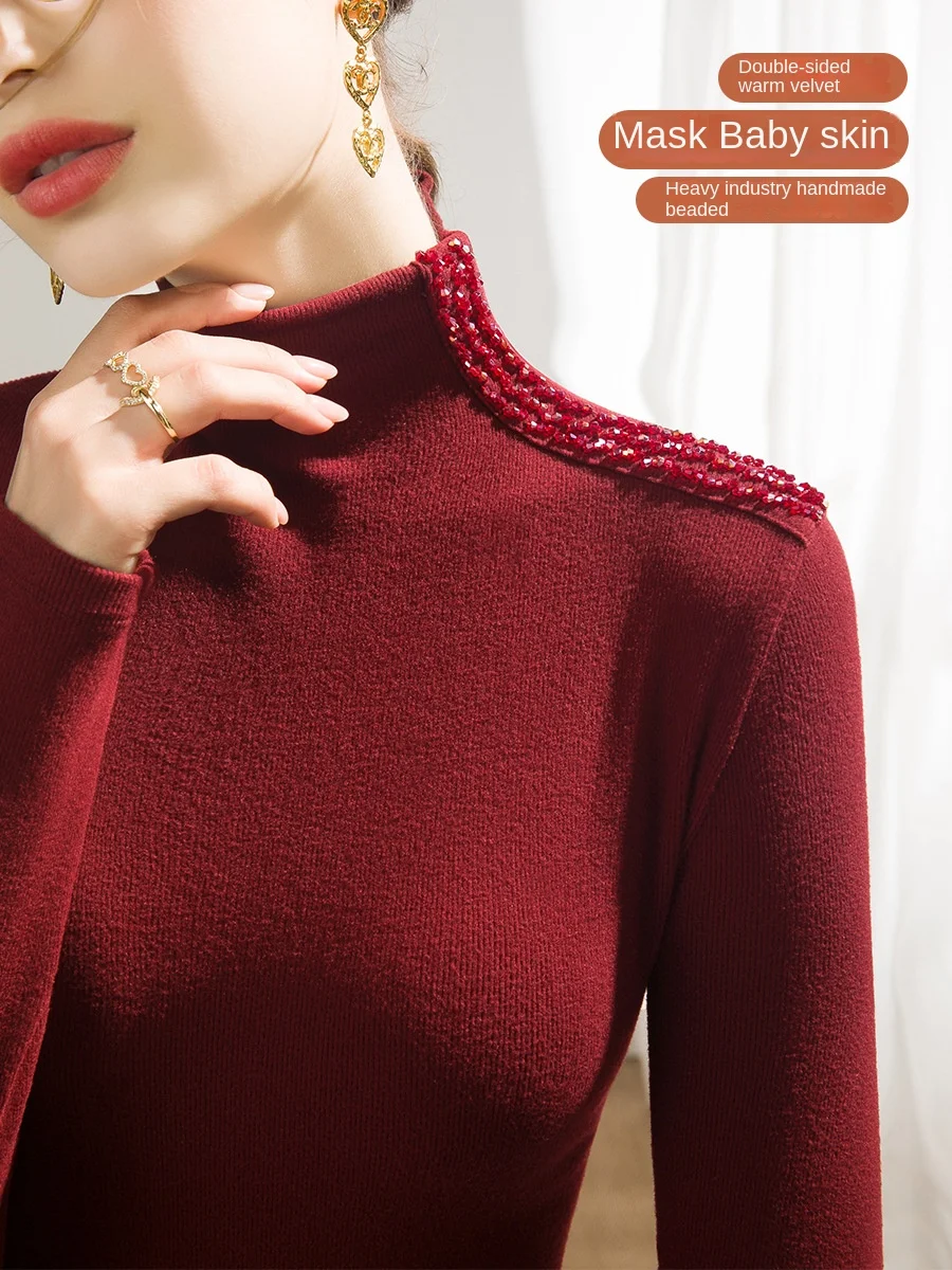 

Thickened Turtleneck Long Sleeve T-Shirt with Fleece Lining and Beaded Design, Basic Style Undershirt for Winter Office Ladies