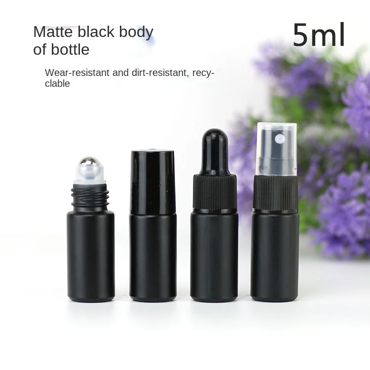 

50pcs 5ml Matte Pure Black Essential Oil Storage Bottles Thick Glass Roller Spray Dropper Bottle Refillable Empty Perfume Vials