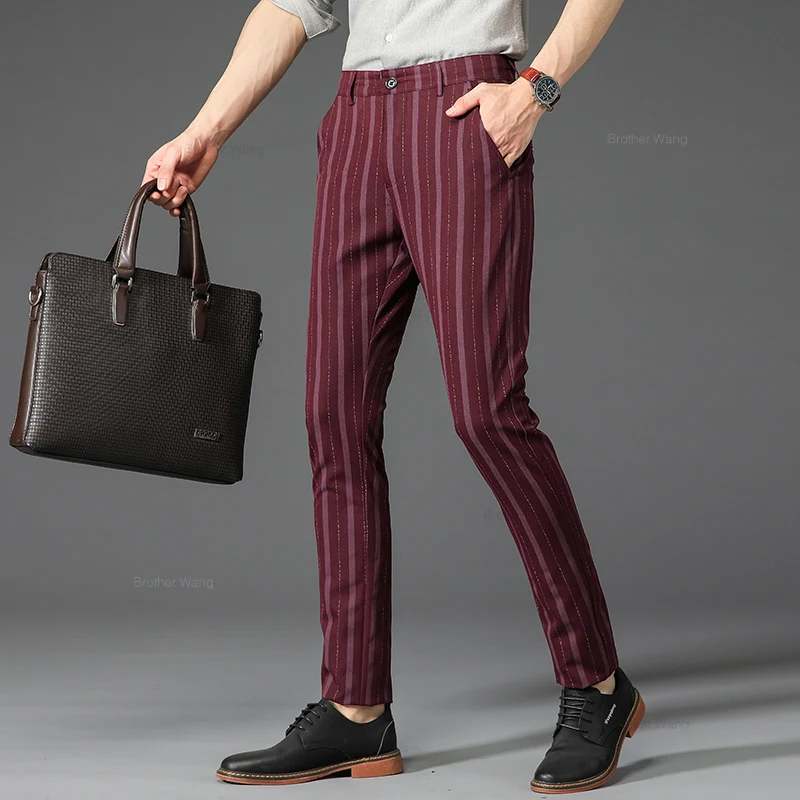 Casual Pants Brand Men's Striped Casual Pants Spring Comfortable Elastic Business Slim Straight British Fashion Trousers Black Khaki Wine Red