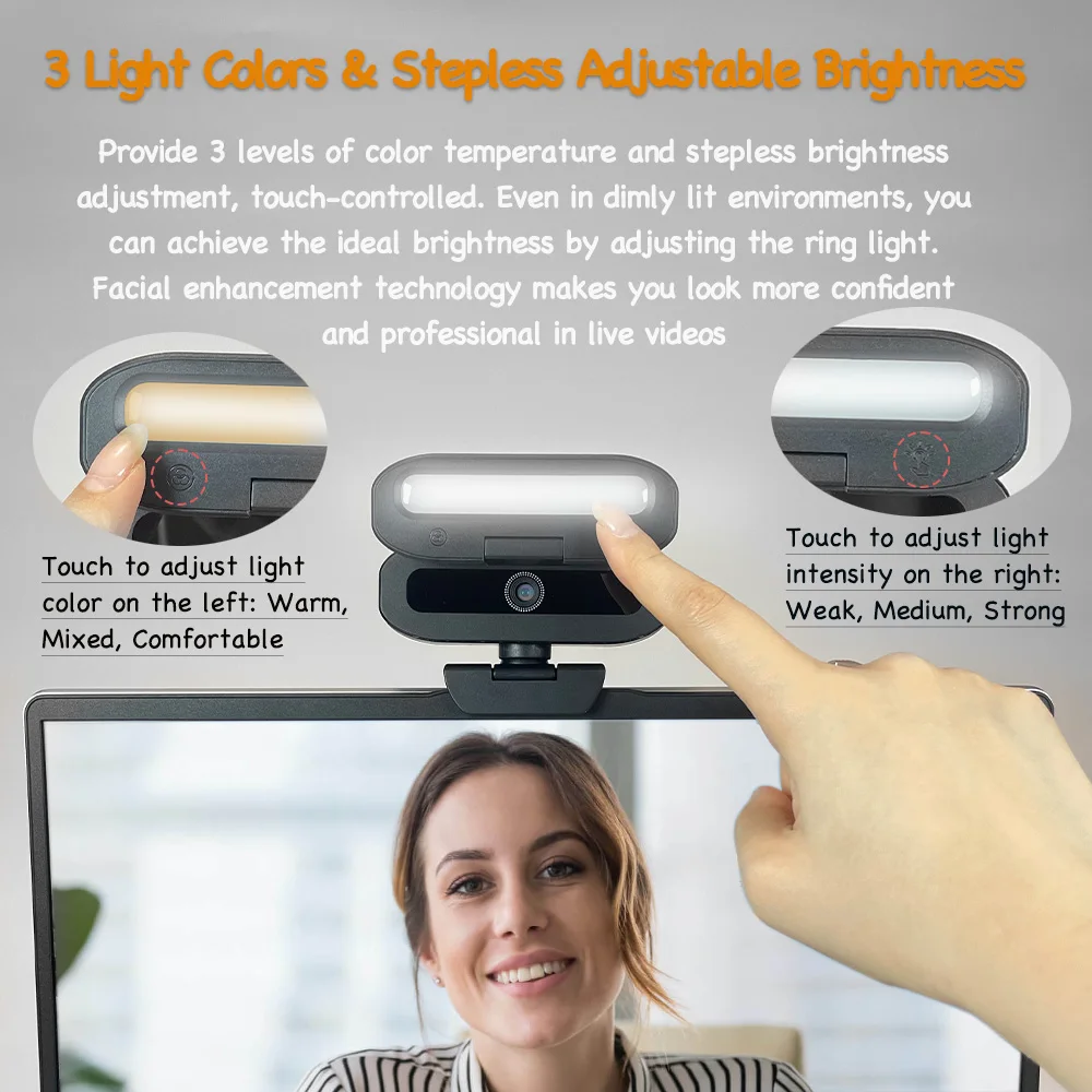 4K USB Webcam Auto Focus UHD Computer Camera Ring Fill Light for Streaming Video Conferencing Plug and Play EXHQDR