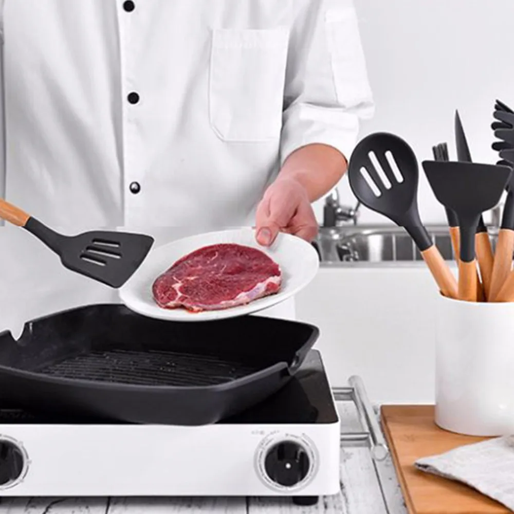 Silicone Cooking Utensil Set Wooden Handle Spatula Soup Spoon Brush Ladle Pasta Colander Non-stick Silic Cookware Kitchen Tools