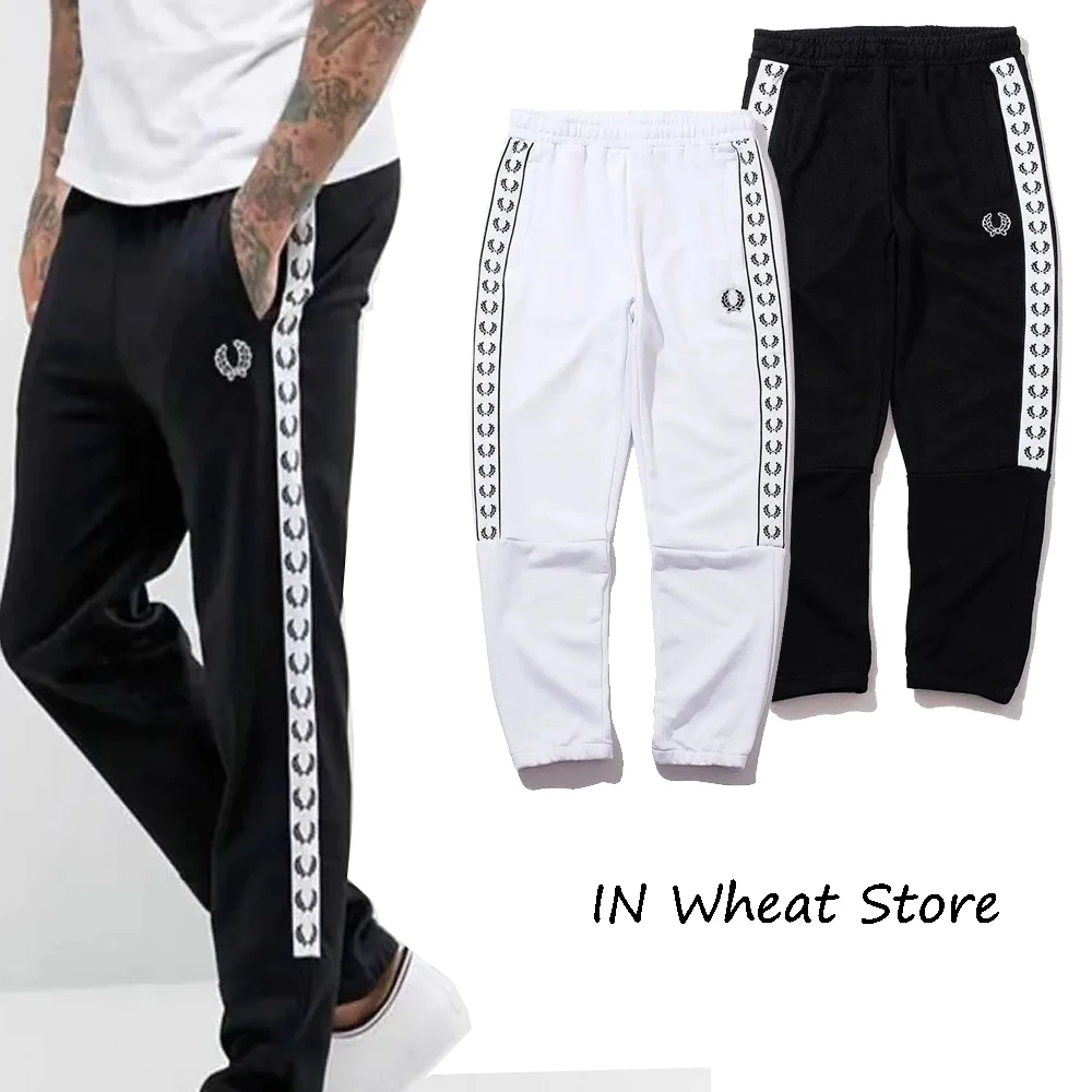 

Wheat embroidered men's and women's string label cotton black and white leggings sports pants Men's clothing