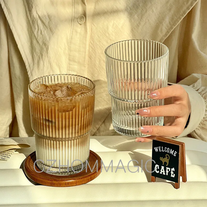 1-6Pcs 400ml Large Capacity Ripple Glass Cup Stripe Transparent Coffee Mug  Bubble Tea Cup Juice Glass Drinkware Set for Home Bar