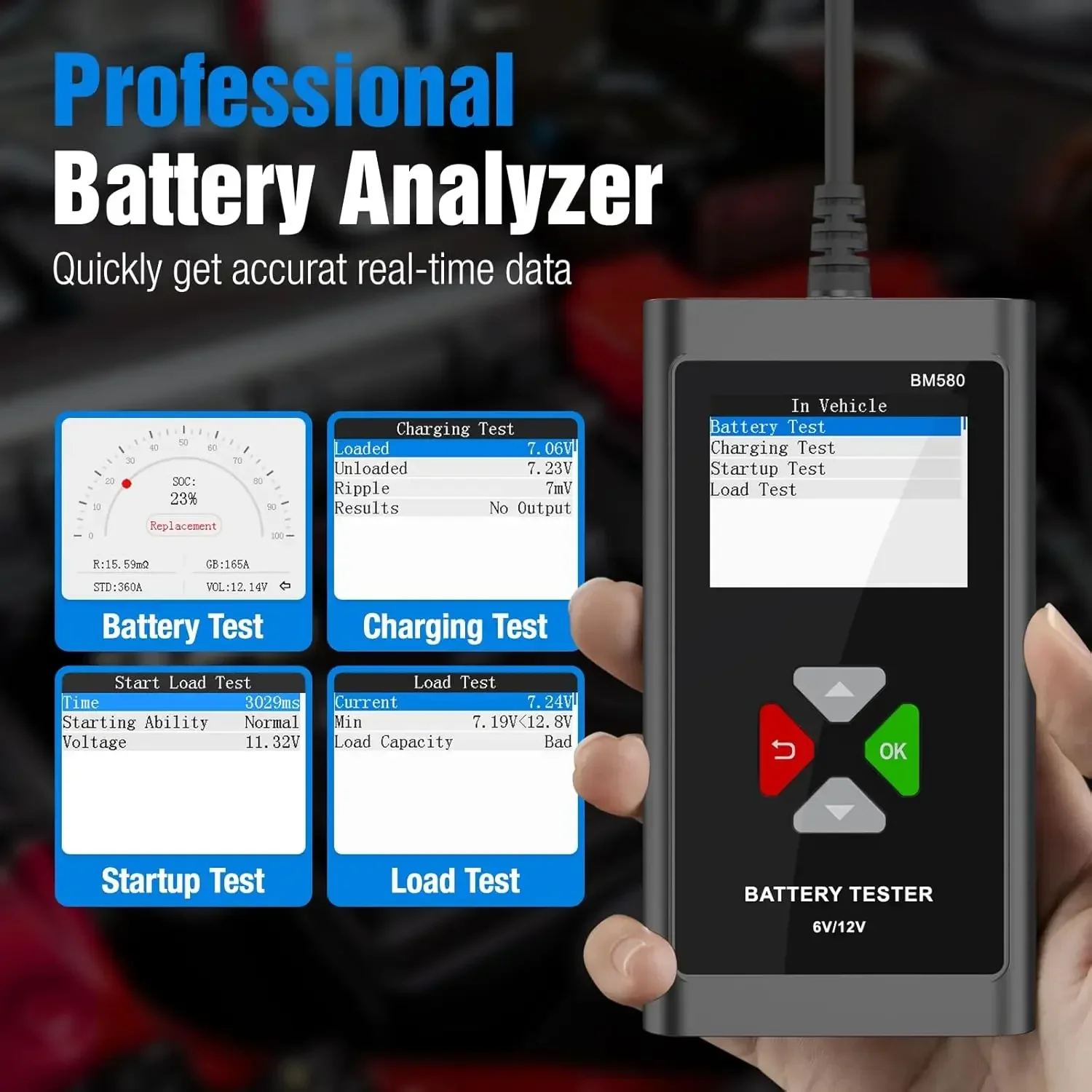 Car Battery Tester 6V 12V BM580 100-2000CCA Analyzes Cranking Charging Voltage Tests Battery Capacity Automotive