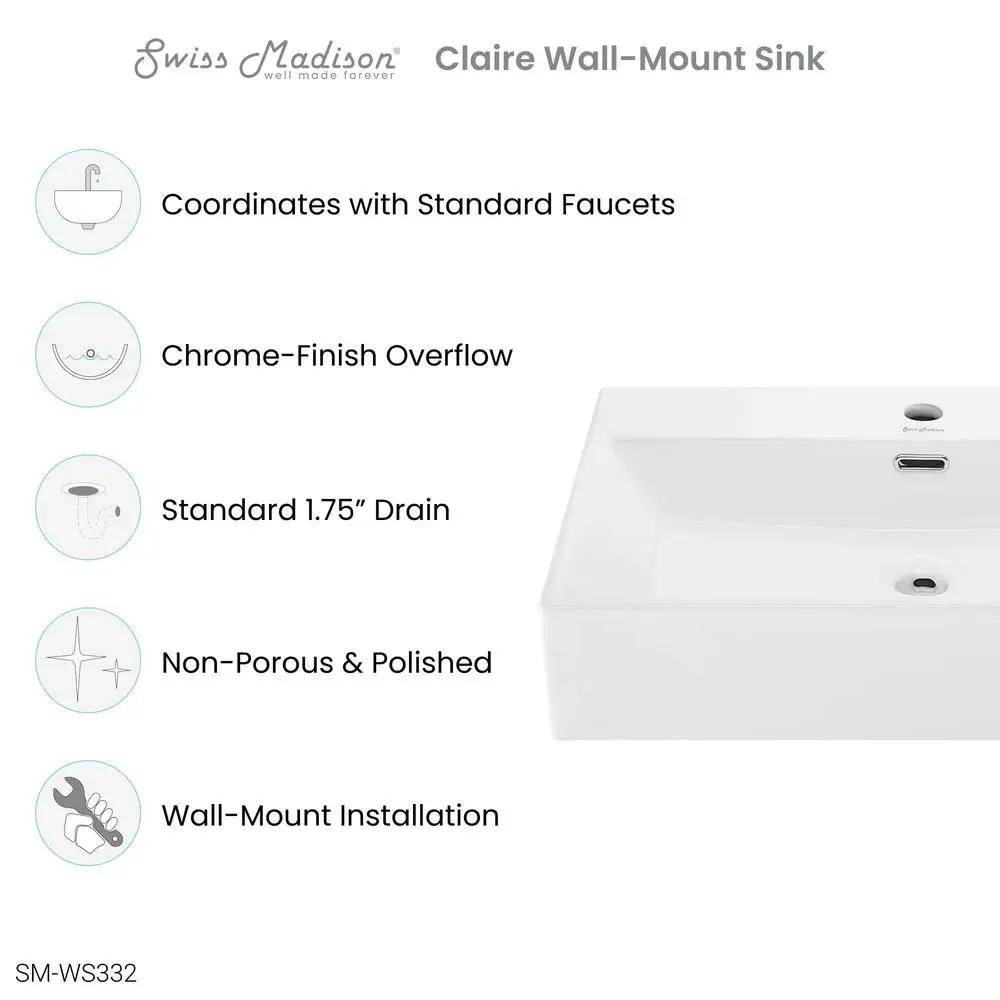 Wall-Mount Bathroom Sink Ceramic Scratch Resistant Single Faucet Hole Drain Claire Collection Multi-Functional 3