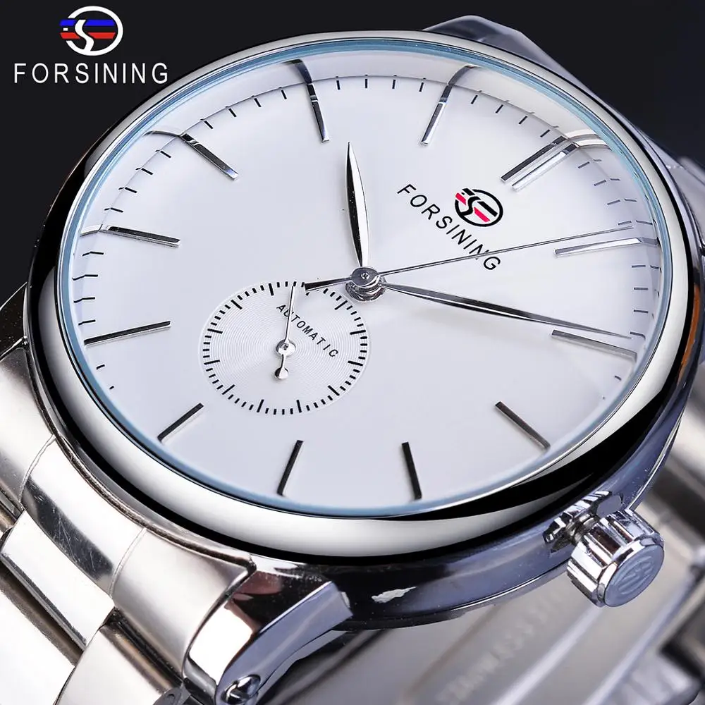 

Классические часы от ведущего бренда Forsining, механические Автоматические мужские серебристые полностью из нержавеющей стали, простые деловые часы, мужские часы