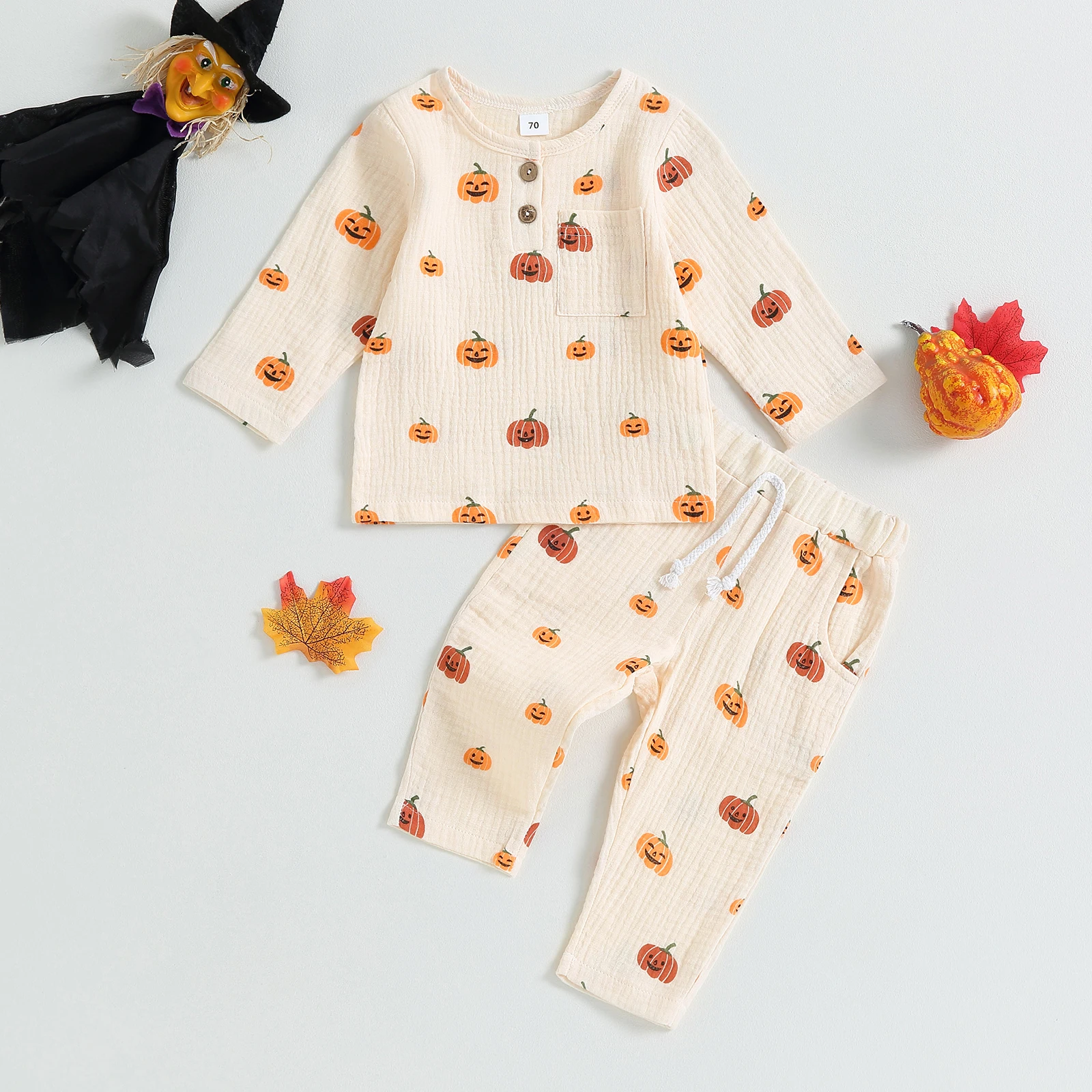 

BeQeuewll Toddler Girls 2PCS Pants Sets Cute Pajamas Long Sleeve Pumpkin Print Tops Drawstring Pants Sets For 0-3 Years