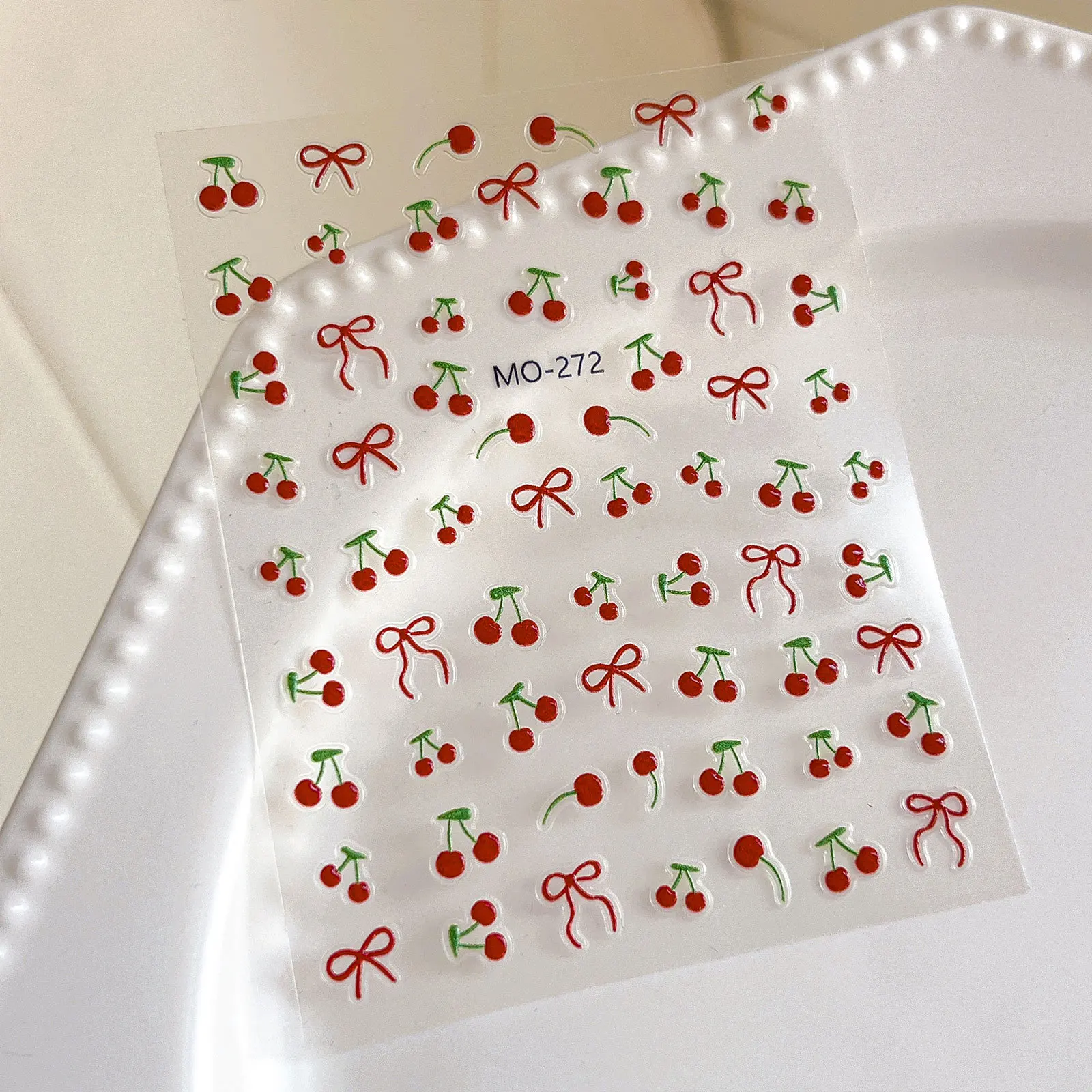 Kawaii Cherry Bow Nail Stickers 1 Piece 5D Fruit Design Adhesive Decorative nail stickers Nail Art