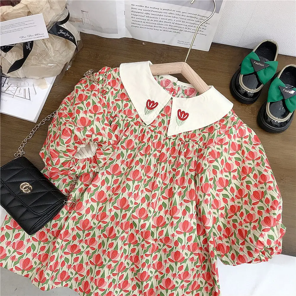 

Детское платье для девочек 2024, платье с отложным воротником и вышивкой, платье для девочек с тюльпаном, милое платье с цветочным принтом и пузырьковыми рукавами, детское платье для девочек