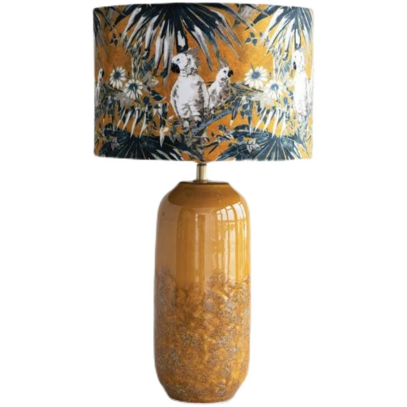 

New York Downtown Park Imported Tropical Style White Feather Parakeet Decorative Table Lamp Velvet Shade with Honey Yellow