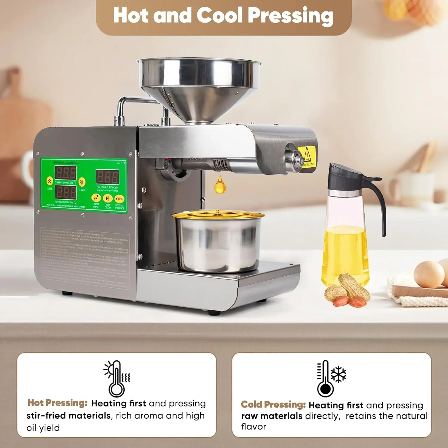 Press Machine 820W Hot/Cold Electric Automatic Oil Press Extractor for Peanut Sesame Sunflower Seeds Coconut Soybean Oil Extract 3