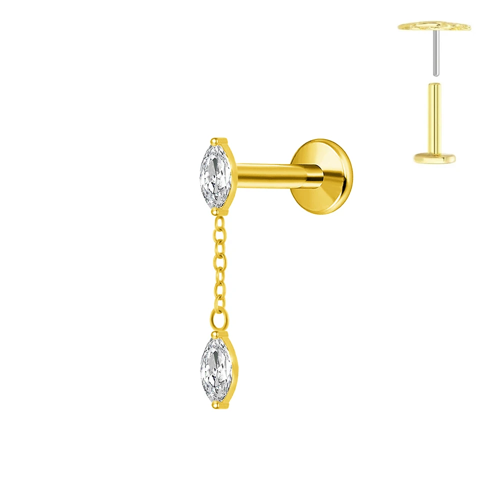 ASTM F136 G23 Titanium Horse Eye Zircon Crown Tassel Puncture Flat Earring Cartilage Chain Push in Labret Stud Piercing 4