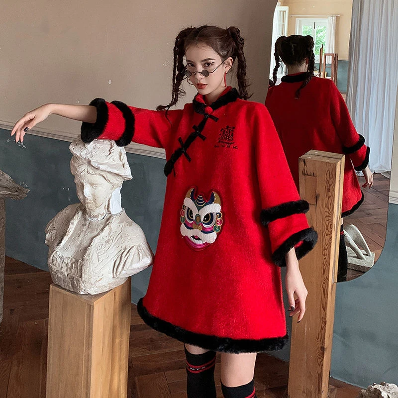 

2024 Chinese New Year Tang Suit Autumn Winter Red Long-sleeved Improved Cheongsam Dress Elegant Thick Loose A-Line Skirt Dresses