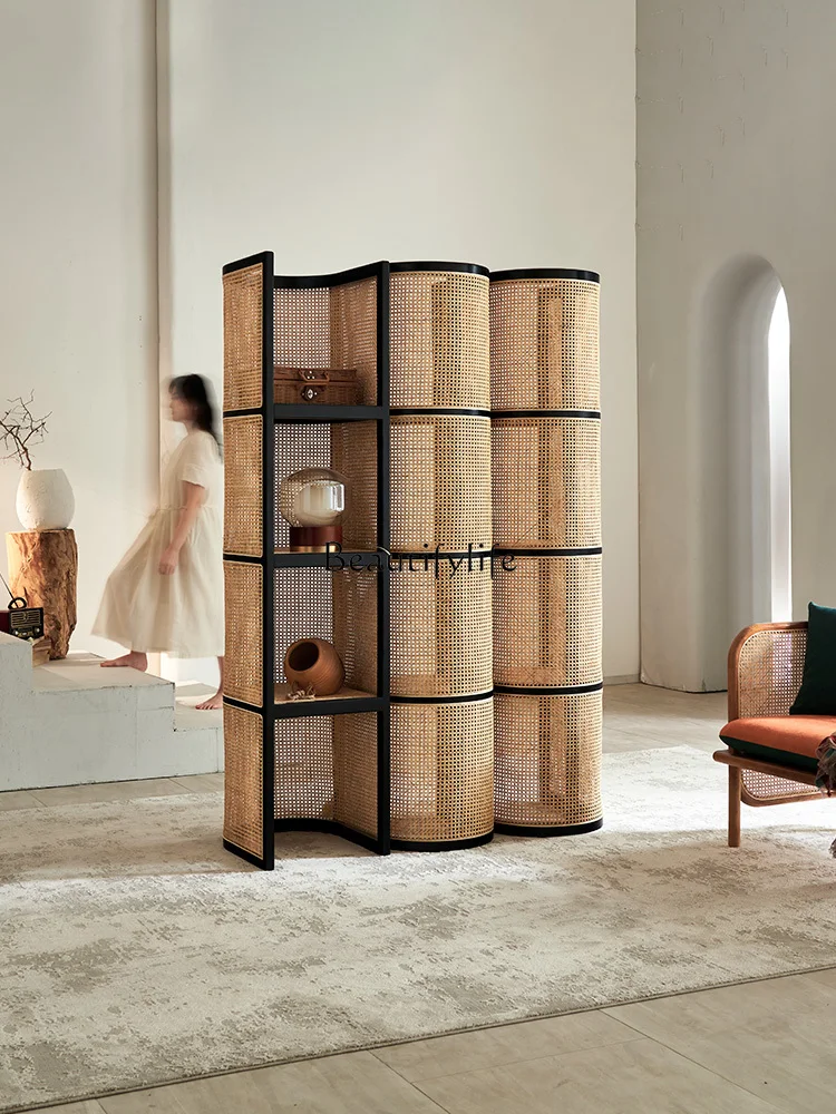

Nordic Rattan Storage Rack Vintage Chic Style Partition Floor Corner Cabinet