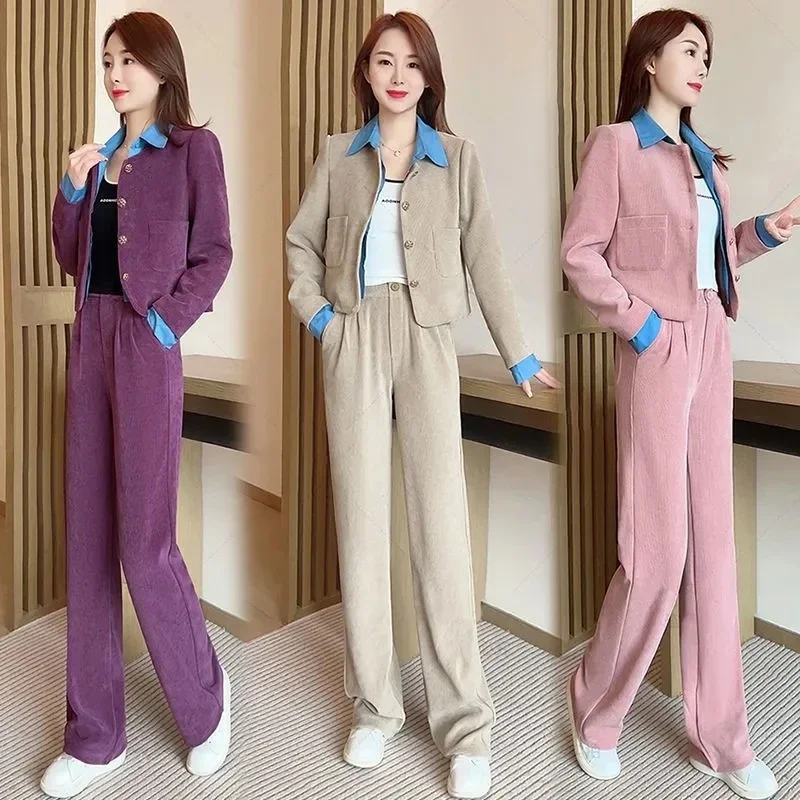 2024 New Fashion Lapel Shirt Leisure Set Women's Spring Autumn Slim Fake Two-piece Jacket and Wide-leg Pants Two-piece Set Pink