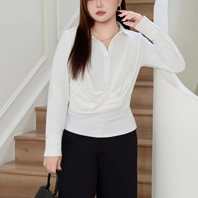 Plus Size Women's Blouses Premium Slim Long Sleeved Half Placket Knitted Shirts Fake Two Pieces Hot Girl Autumn 9317