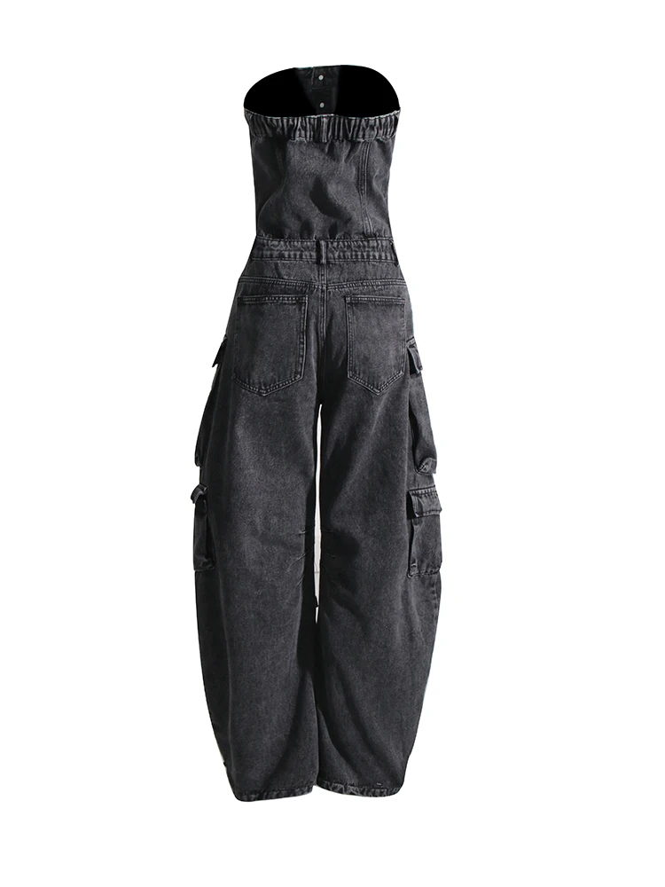 ROMISS Patchwork Pockets Streetwear Denim Jumpsuits For Women Strapless Sleeveless High Waist Casual Jumpsuit Female New