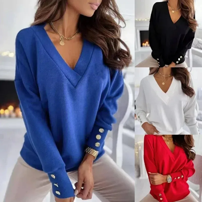 Knitted Tops Jumper Office Lady New 2023 Sweater Pullover Women Spring Autumn V-neck Sweaters Loose Casual Female Sweater 12827