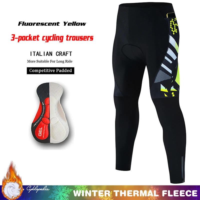 

3 Pockets Cycling Pants Men Winter Thermal Fleece Pro Road Biker Shorts MTB Bib Shorts Padded Bicycle Tights Elastic Interface